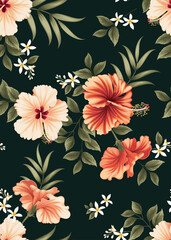 Seamless pattern of hibiscus flowers and palm leaf background template. Vector set of floral element for tropical print, wedding invitations, greeting card, brochure, banners and fashion design.