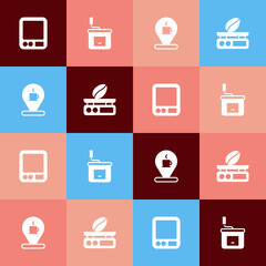 Set pop art Electronic coffee scales, Manual grinder, Location with cup and icon. Vector