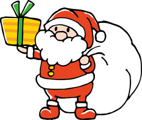プレゼントを持っているかわいいサンタクロースのイメージイラスト（手描き）