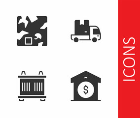 Set Warehouse price, Broken cardboard box, Container and Delivery cargo truck icon. Vector