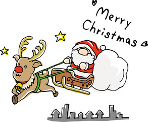 トナカイとソリに乗っているサンタクロースのイメージイラスト（手描き）