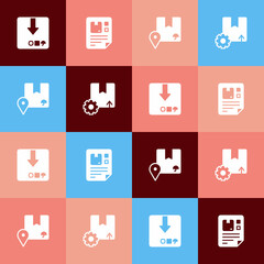 Set pop art Carton cardboard box, Waybill, Location with and Gear package icon. Vector