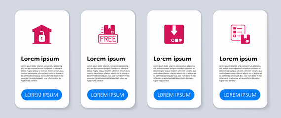 Set Verification of delivery list, Carton cardboard box, Cardboard with free symbol and Closed warehouse. Business infographic template. Vector