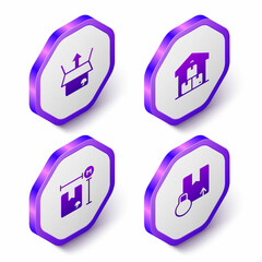 Set Isometric Unboxing, Full warehouse, Cardboard measurement and Carton cardboard icon. Purple hexagon button. Vector
