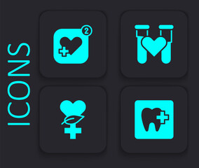 Set Dental clinic location, Mobile with heart rate, Test tube blood and Ethnoscience icon. Black square button. Vector