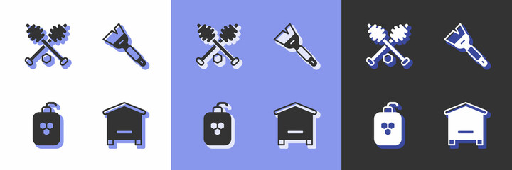 Set Hive for bees, Honey dipper stick, Cosmetic tube with honey and Beekeeping brush icon. Vector