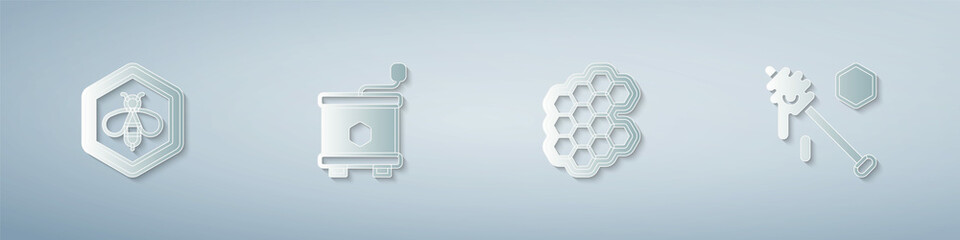 Set Bee and honeycomb, Honey extractor, Honeycomb and dipper stick. Paper art style. Vector
