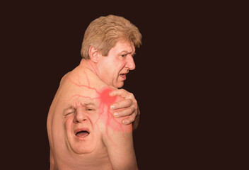 The collage of senior man with shoulder pain over black background