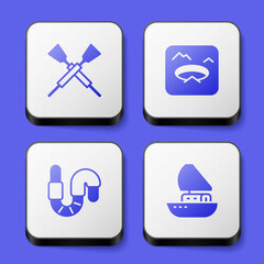 Set Crossed oars or paddles boat, Winter fishing, Worm and Yacht sailboat icon. White square button. Vector