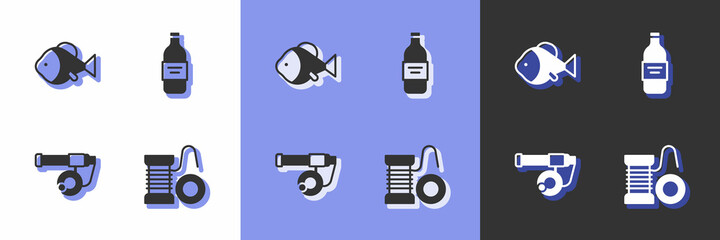 Set Spinning reel for fishing, Fish, Fishing rod and Bottle of vodka icon. Vector