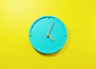 Office clock icon. Round business blue watches with time arrows hour and minutes, clock face on yellow background, design element for web design, 3D rendering illustration