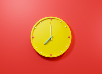 Office clock icon. Round business yellow watches with time arrows hour and minutes, clock face on red background, design element for web design, 3D rendering illustration