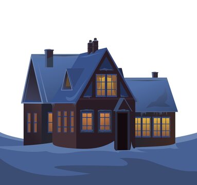 snowy house with glowing windows clip art preview