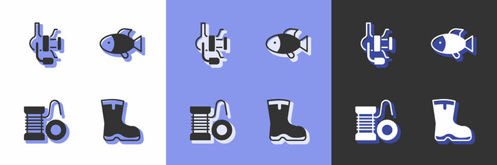 Set Fishing boots, Spinning reel for fishing, and icon. Vector