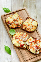 Healty bread yellow cheese and  salami  hot  sandwich  . Home made breakfast