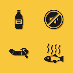 Set Bottle of vodka, Dead fish, Inflatable boat with motor and Speaker mute icon with long shadow. Vector