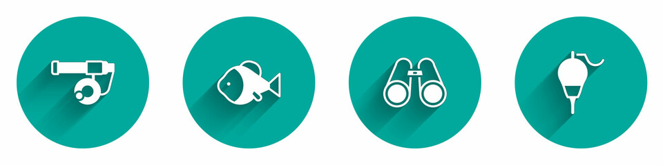 Set Fishing rod, Binoculars and float icon with long shadow. Vector