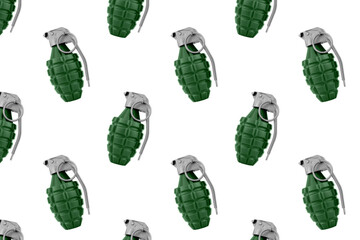 Toys pattern background. Plastic hand grenade toy isolated on white background.