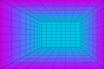 3d Grid perspective laser room in technology style. Virtual reality tunnel or wormhole. Abstract vaporwave background