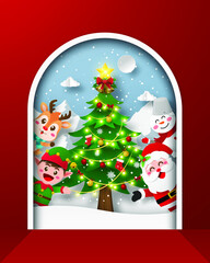 Christmas tree at the snow mountain with Santa Claus and friend