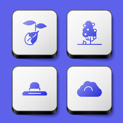 Set Sprout, Fruit tree, Farmer worker hat and Cloudy weather icon. White square button. Vector