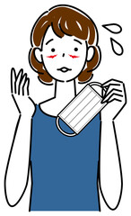 スキンケア マスクの着用が原因で顔に切り傷が出来てしまい困り顔の女性 イラスト シンプル ベクター