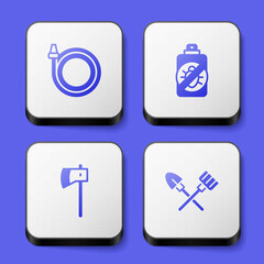 Set Garden hose, Spray against insects, Wooden axe and Shovel and rake icon. White square button. Vector