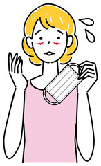 スキンケア マスクの着用が原因で顔に切り傷が出来てしまい困り顔の女性 イラスト シンプル ベクター