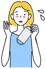 スキンケア マスクの着用が原因で顔に切り傷が出来てしまい困り顔の女性 イラスト シンプル ベクター