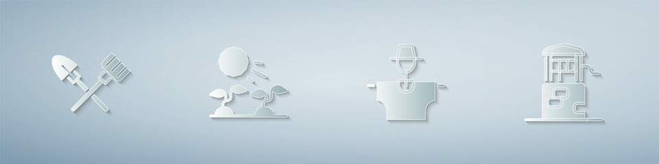 Set Shovel and rake, Plant sprouts grow in the sun, Scarecrow and Well. Paper art style. Vector