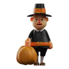 3D Thanksgiving Pilgrim Man Cartoon Design holding a fresh pumpkin