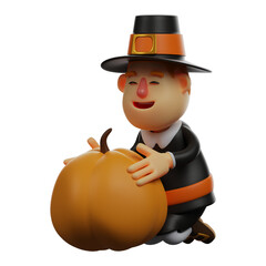 3D Thanksgiving Pilgrim Man Cartoon Design having a pumpkin for Dinner