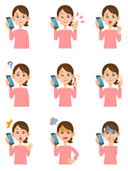 携帯電話で会話しているピンクのカットソーを着た女性の9種類の仕草と表情
