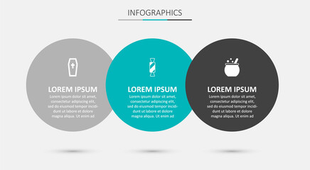 Set Candy, Coffin with christian cross and Halloween witch cauldron. Business infographic template. Vector