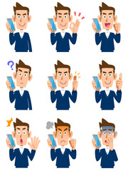 携帯電話で会話している男性の9種類の仕草と表情
