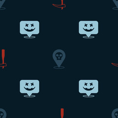 Set Scythe, Skull and Happy Halloween holiday on seamless pattern. Vector