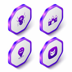 Set Isometric Spider, Castle, Happy Halloween holiday and Black cat icon. Purple hexagon button. Vector