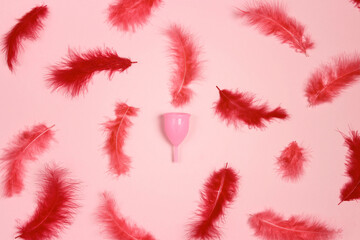 Menstrual cup surrounded by red feathers on a pink background.