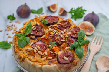 Homemade quiche tart with figs, cream cheese