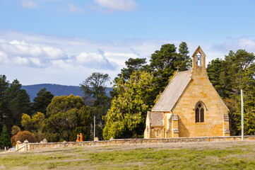 St John The Baptist Church in Buckland was built in 1846 as a replica of the parish church of Cookham Dean in Sussex, England - Buckland, Tasmania, Australia - obrazy, fototapety, plakaty
