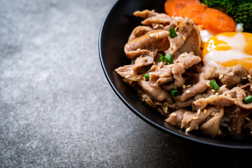 donburi, pork rice bowl with onsen egg and vegetable
