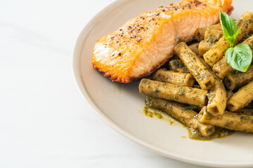 pesto quadrotto penne pasta with grilled salmon
