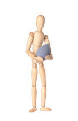 Wooden mannequin with makeup sponge on white background