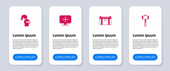 Set Battle hammer, Antique treasure chest, Crusade and Medieval helmet. Business infographic template. Vector