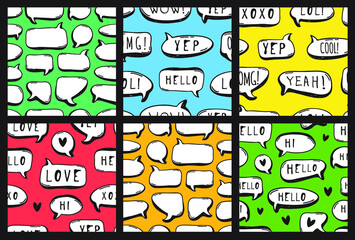 Hand drawn seamless patterm with speech bubbles with text. Vector pop art objects. Doodle elements for dialog