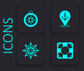 Set Lifebuoy, Compass, Location with anchor and Ship steering wheel icon. Black square button. Vector