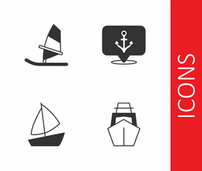 Set Yacht sailboat, Windsurfing, and Anchor icon. Vector