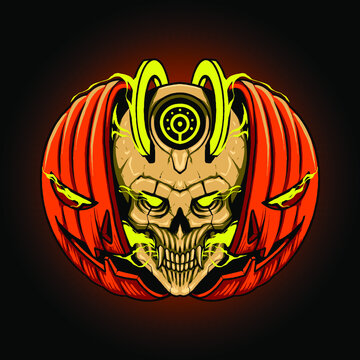 the pumpkin and skull head illustration