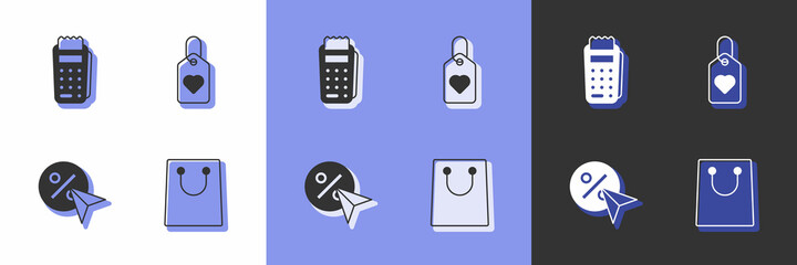 Set Paper shopping bag, POS terminal, Discount percent tag and Heart icon. Vector