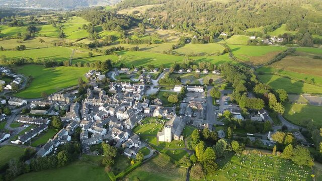 Hawkshead village Lake District Cumbria UK Aerial footage 4K
